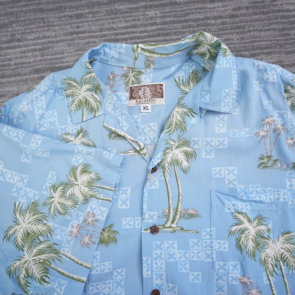 Kalaheo Mens‎ XL Hawaiian Shirt Blue Palm Tree Beach Hut Camp Collar Made in USA